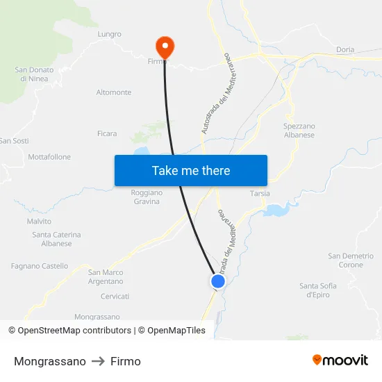Mongrassano to Firmo map