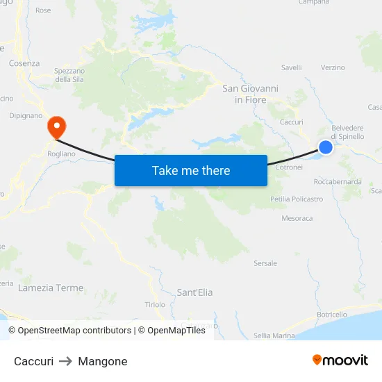 Caccuri to Mangone map