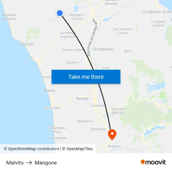 Malvito to Mangone map