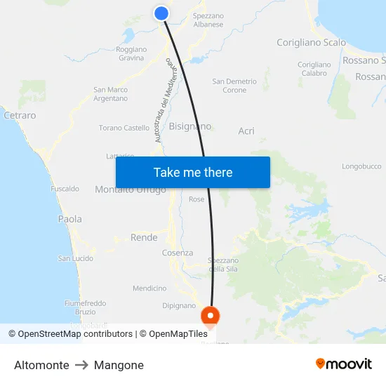 Altomonte to Mangone map