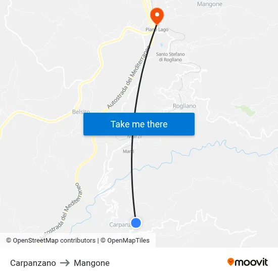 Carpanzano to Mangone map