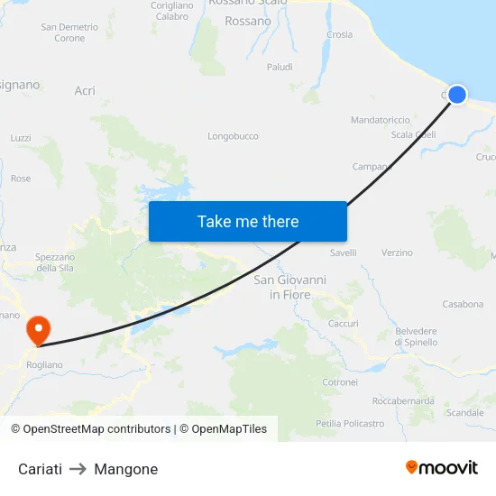 Cariati to Mangone map