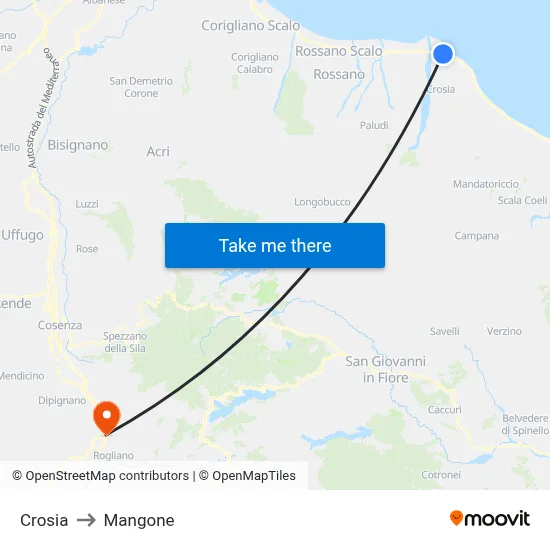 Crosia to Mangone map