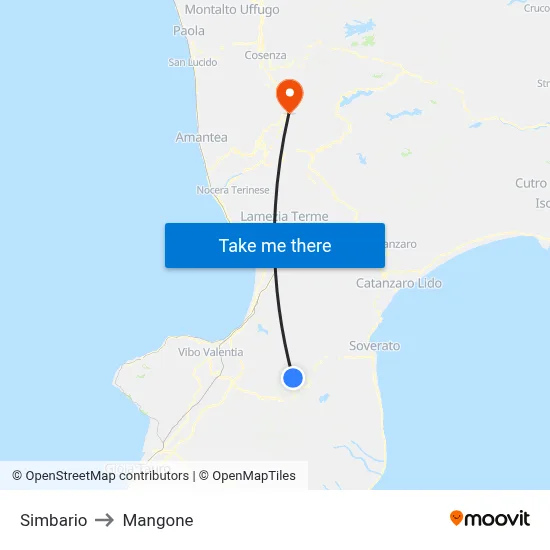 Simbario to Mangone map