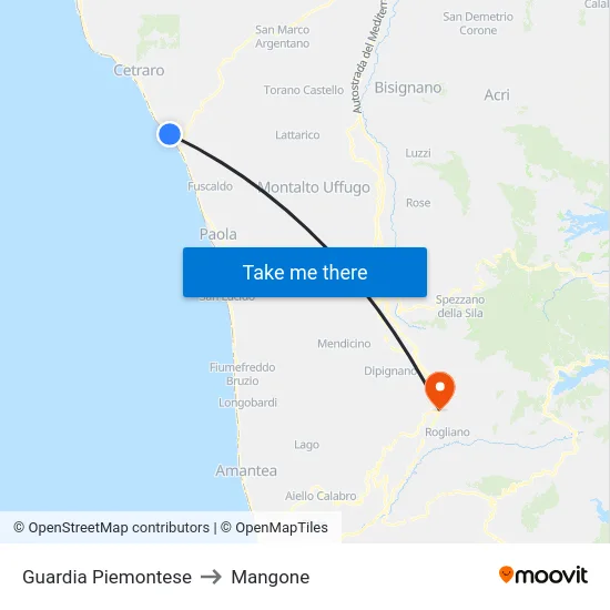 Guardia Piemontese to Mangone map