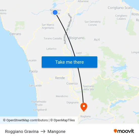 Roggiano Gravina to Mangone map