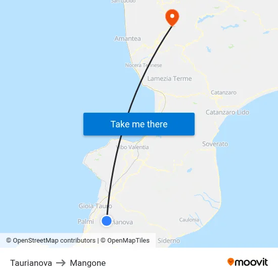 Taurianova to Mangone map