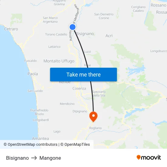 Bisignano to Mangone map