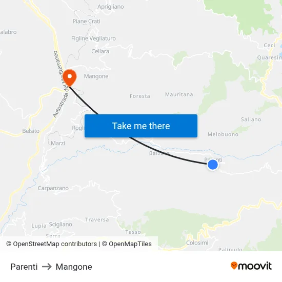 Parenti to Mangone map