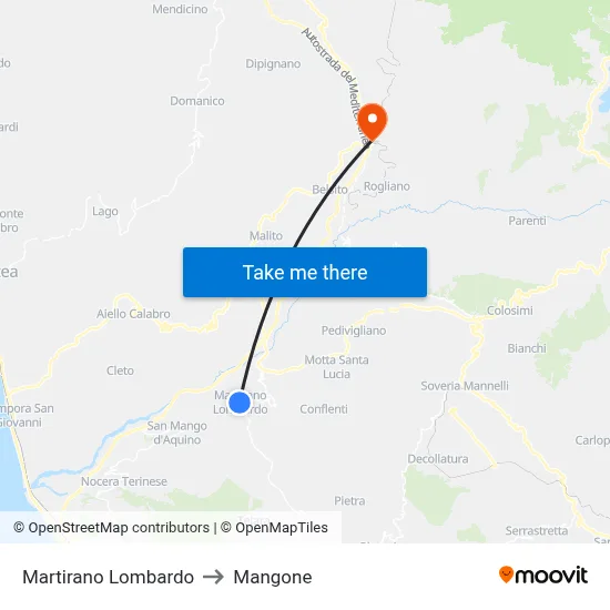 Martirano Lombardo to Mangone map