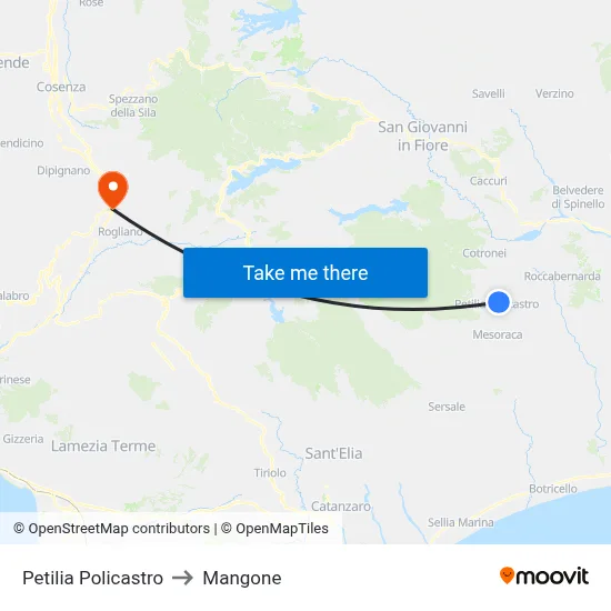 Petilia Policastro to Mangone map