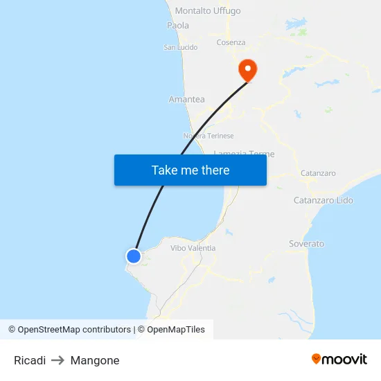 Ricadi to Mangone map