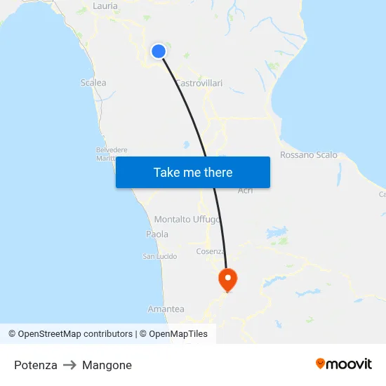 Potenza to Mangone map