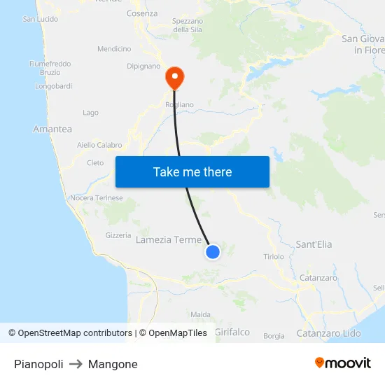 Pianopoli to Mangone map