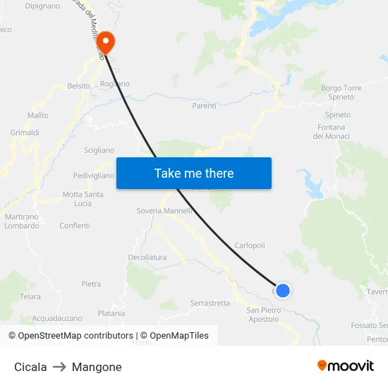 Cicala to Mangone map