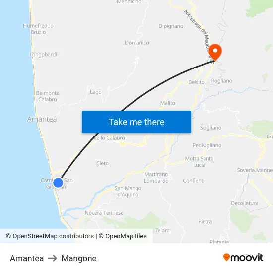 Amantea to Mangone map