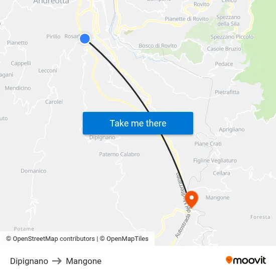 Dipignano to Mangone map