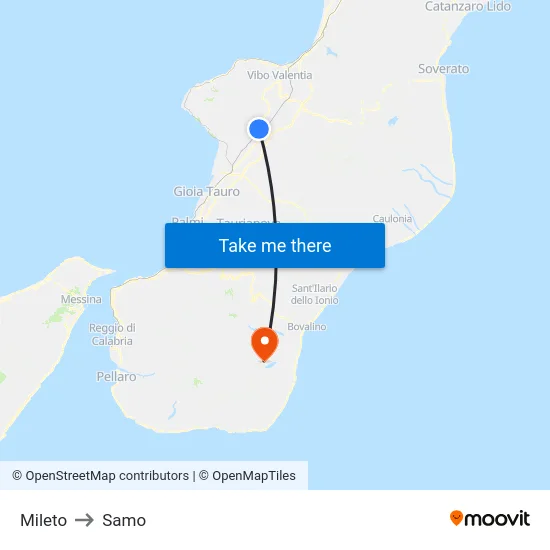 Mileto to Samo map