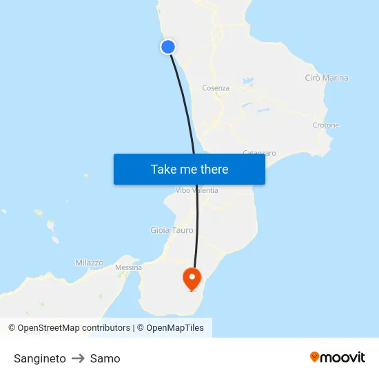 Sangineto to Samo map