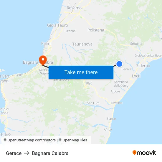 Gerace to Bagnara Calabra map