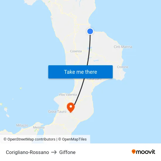 Corigliano-Rossano to Giffone map