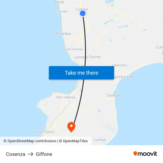 Cosenza to Giffone map