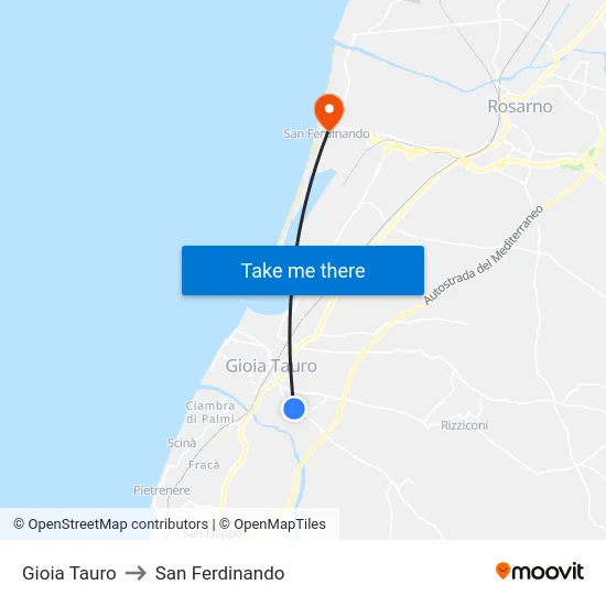 Gioia Tauro to San Ferdinando map