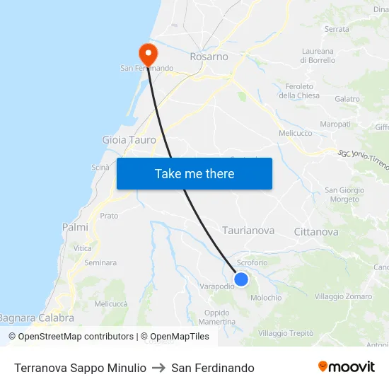 Terranova Sappo Minulio to San Ferdinando map