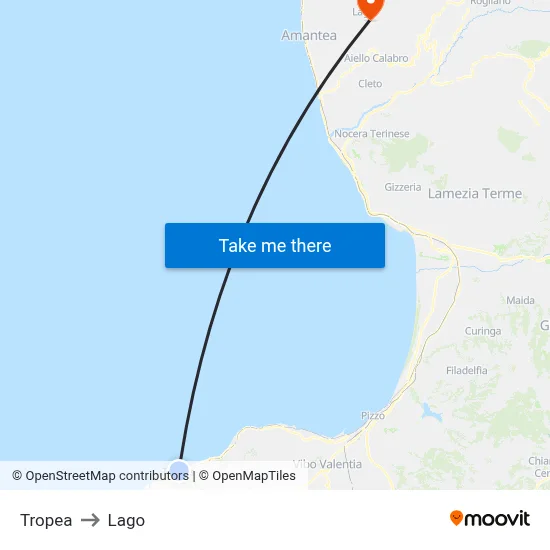 Tropea to Lake map