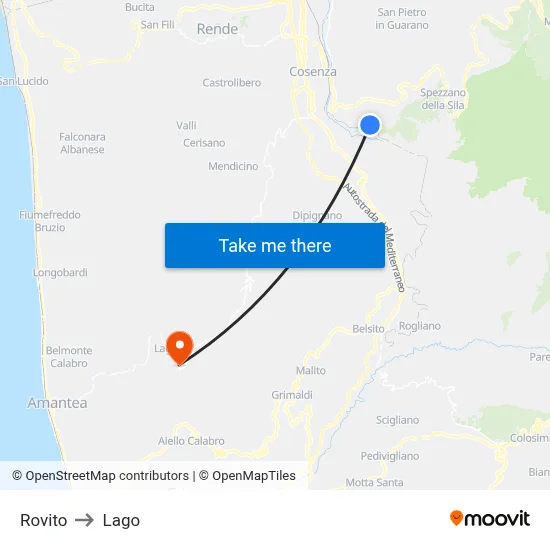 Rovito to Lago map