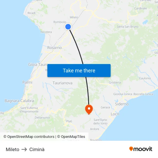 Mileto to Ciminà map