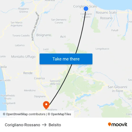 Corigliano-Rossano to Belsito map