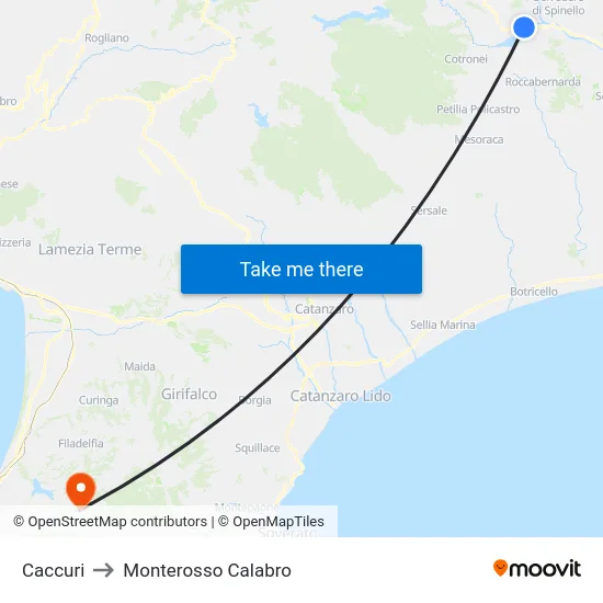 Caccuri to Monterosso Calabro map