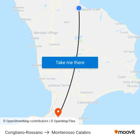 Corigliano-Rossano to Monterosso Calabro map