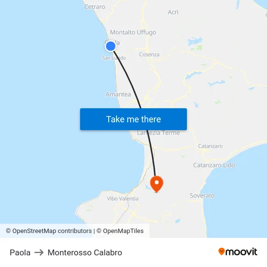 Paola to Monterosso Calabro map