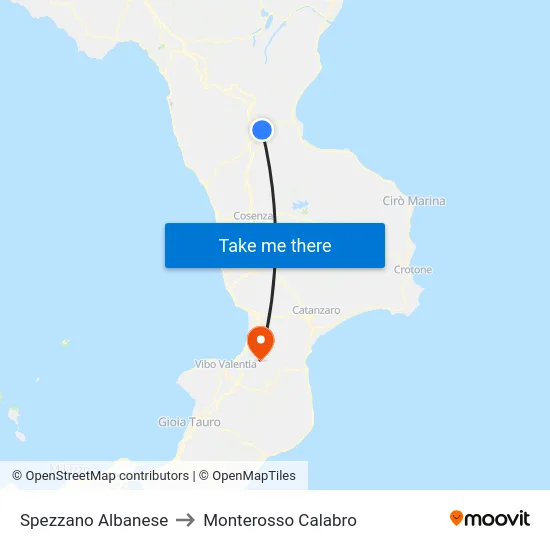 Spezzano Albanese to Monterosso Calabro map
