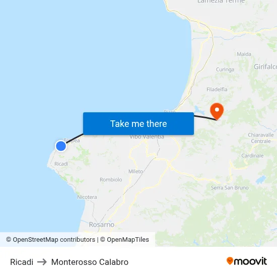 Ricadi to Monterosso Calabro map