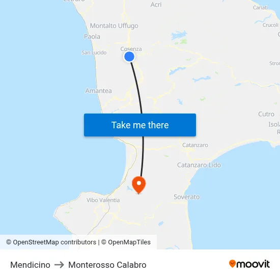 Mendicino to Monterosso Calabro map