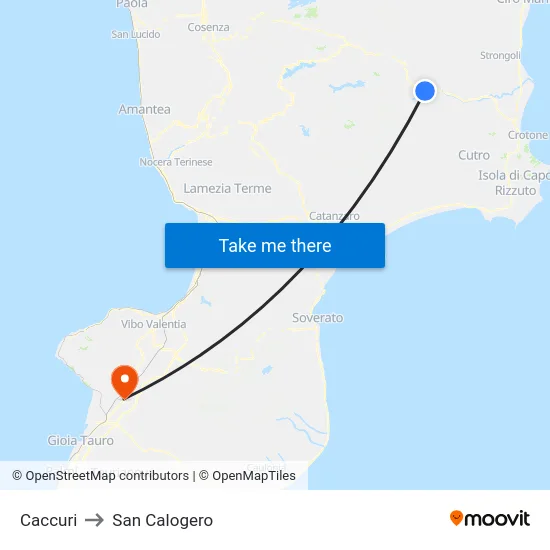 Caccuri to San Calogero map