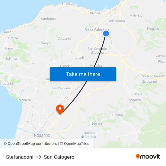 Stefanaconi to San Calogero map