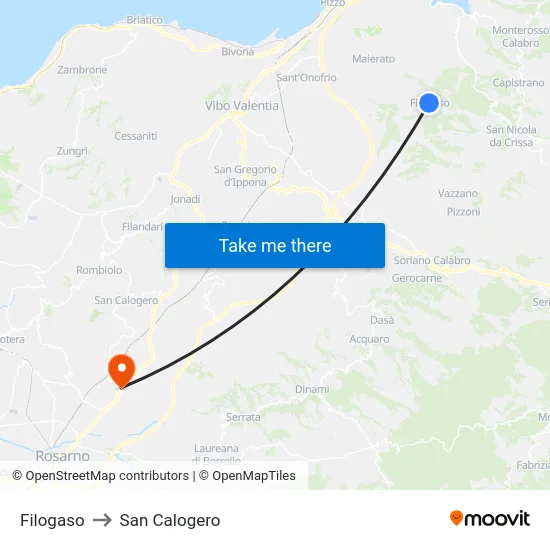 Filogaso to San Calogero map