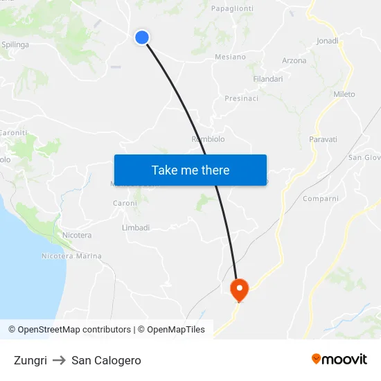 Zungri to San Calogero map