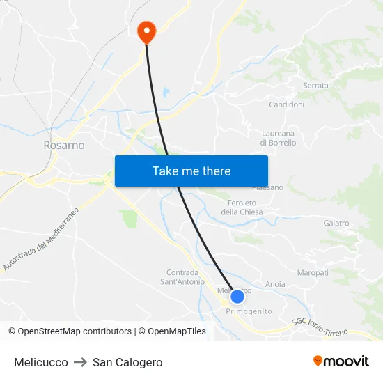 Melicucco to San Calogero map