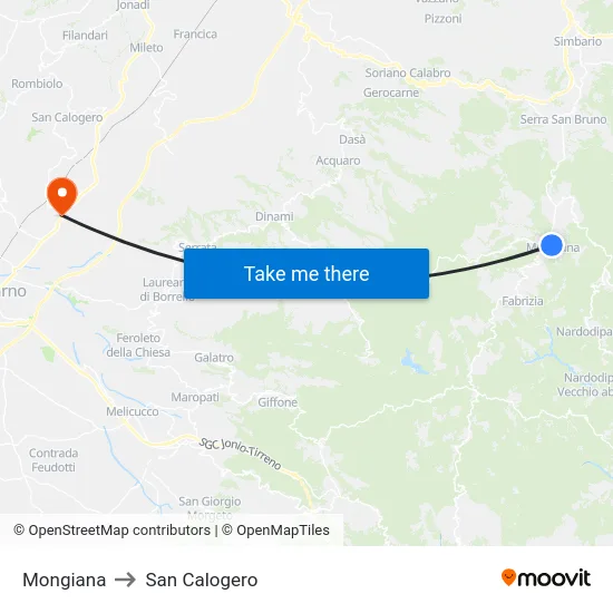 Mongiana to San Calogero map