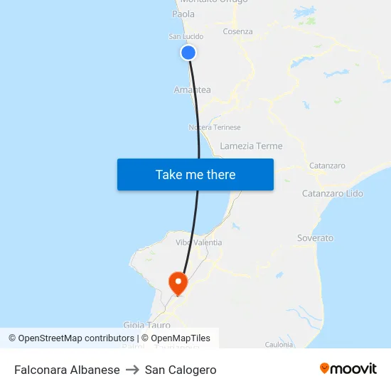 Falconara Albanese to San Calogero map