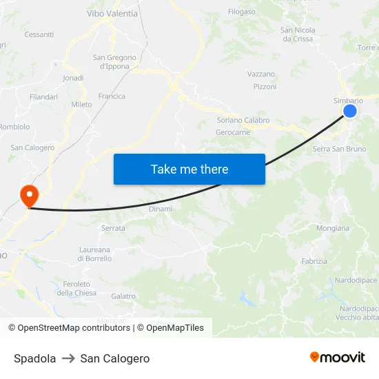 Spadola to San Calogero map