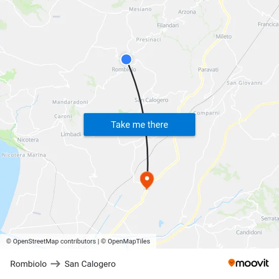 Rombiolo to San Calogero map