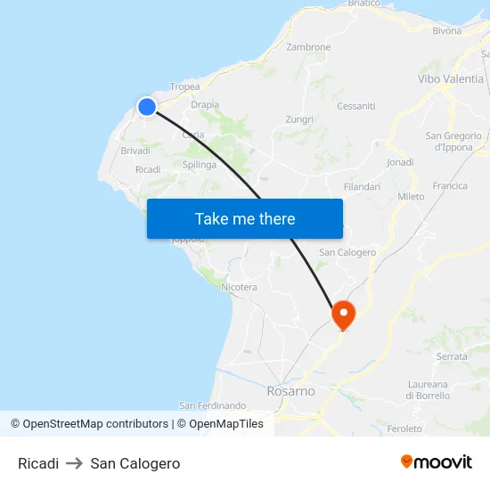 Ricadi to San Calogero map