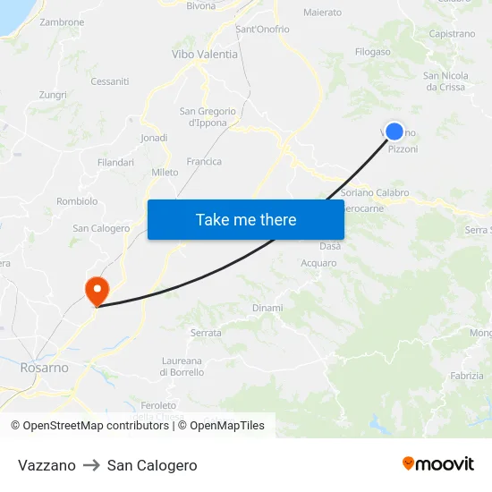 Vazzano to San Calogero map