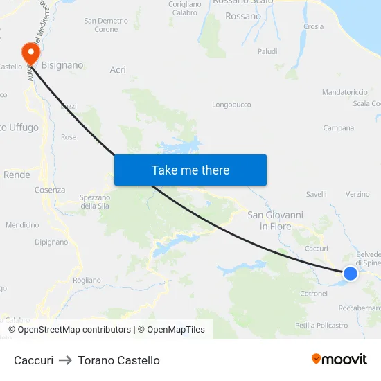 Caccuri to Torano Castello map